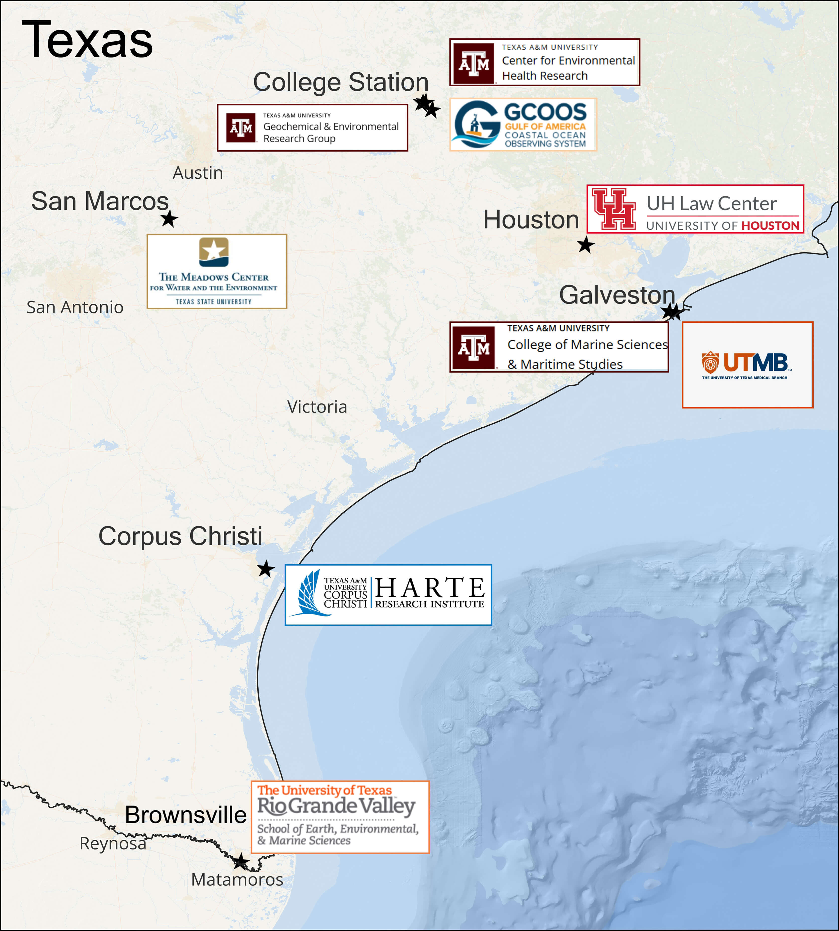 Map of the Texas OneGulf consortium of nine top state institutions